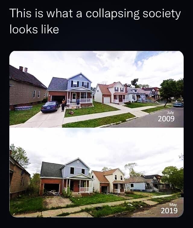 This meme is a before-and-after comparison of a neighborhood. The top image shows a tidy, well-manicured suburban street with a mix of single-family homes, while the bottom image shows the same street in a state of disrepair, with overgrown lawns, trash-filled lots, and abandoned homes. The text at the top reads "This is what a suburban neighborhood looks like after 8 years of democratic socialism" and at the bottom "This is what a suburban neighborhood looks like after 8 years of Republican leadership".